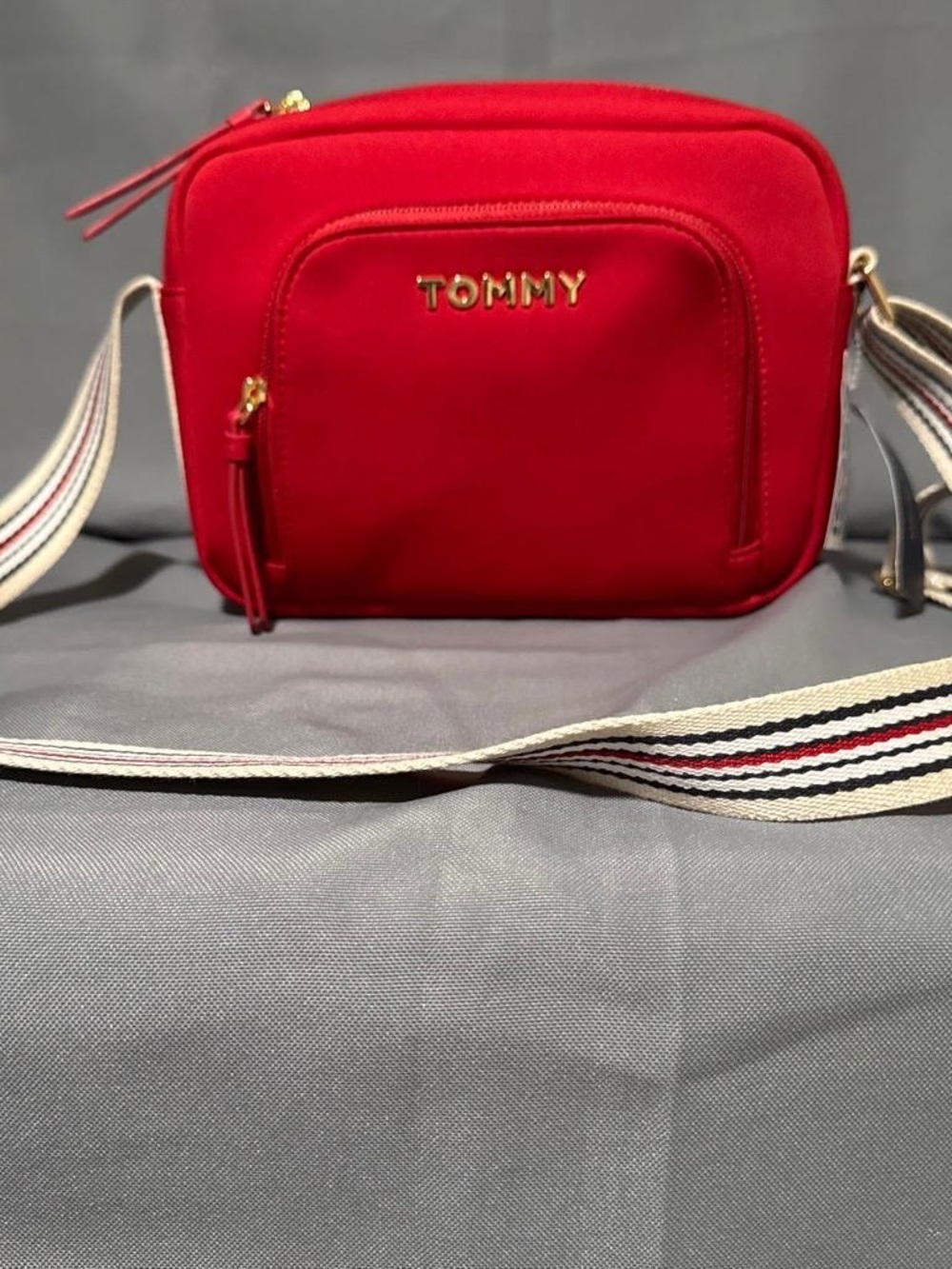 Tommy Hilfiger Red Compact Crossbody with Signature Stripe Strap